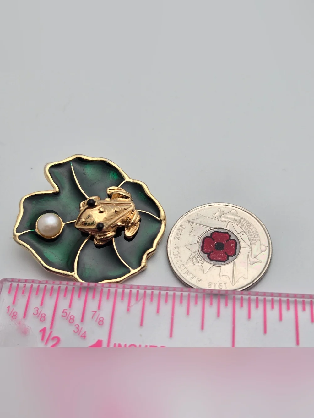 Vintage Frog Brooch Gold Tone Green Enamel Lily Pad Freshwater Pearl - Picture 7 of 7